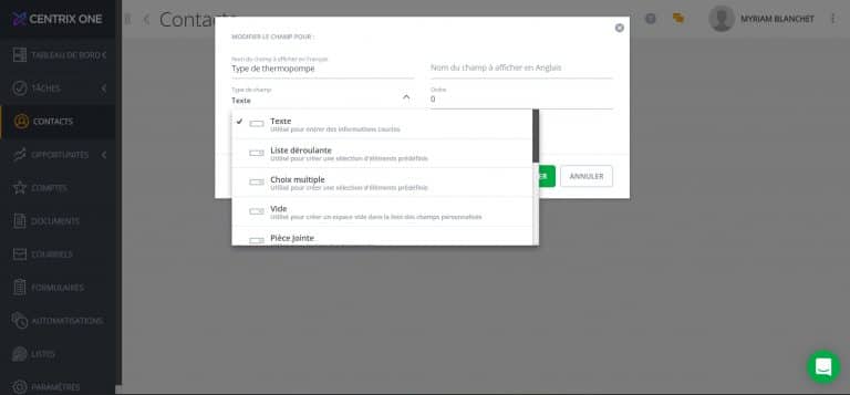 Types de champs personnalisés - CRM CentrixOne