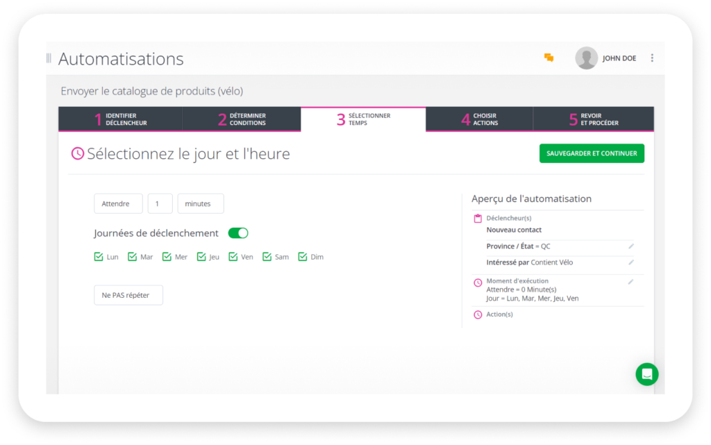 délai programmé d'une minute avant l'action