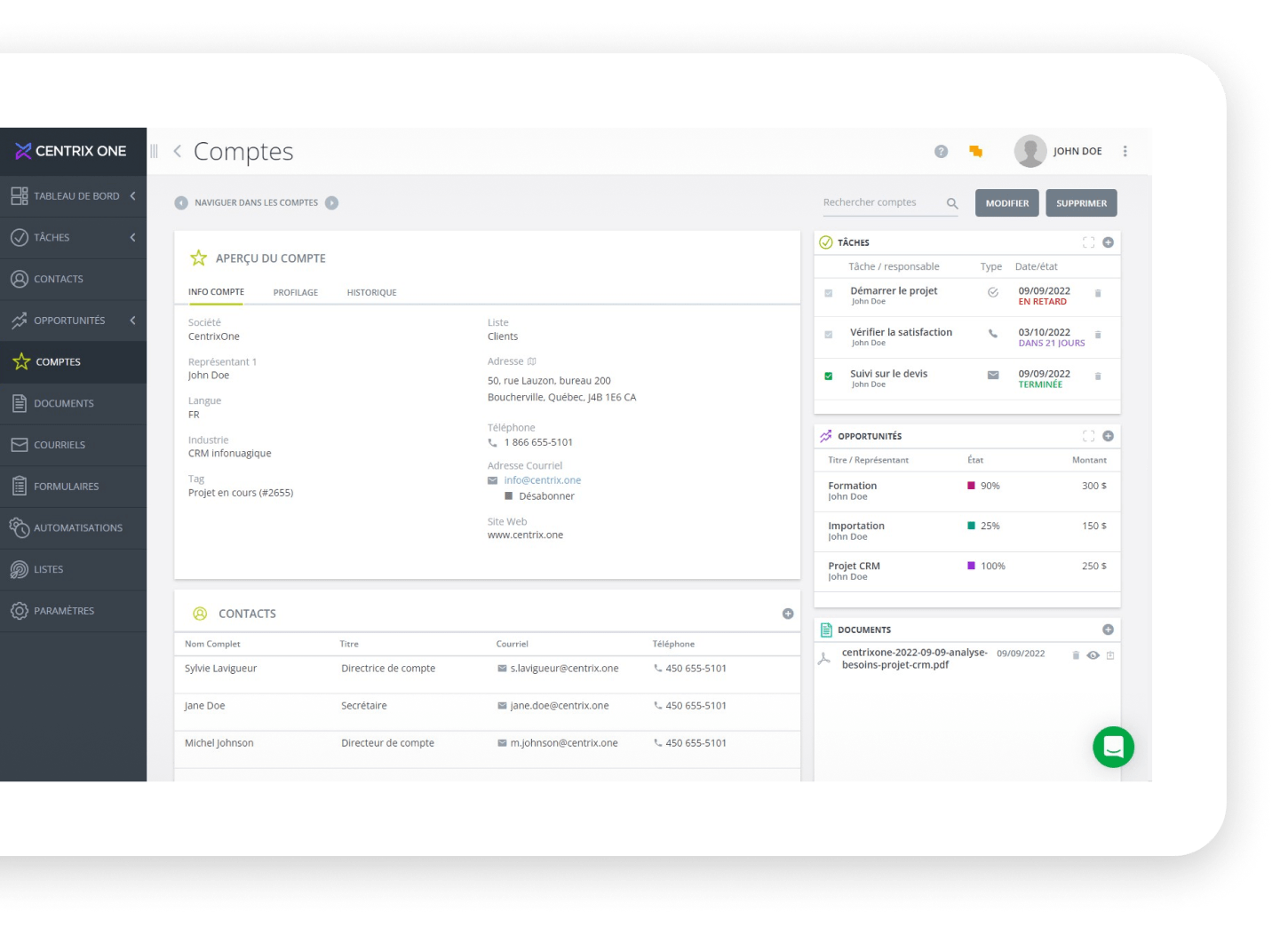 Crm centrixone interface comptes coupe